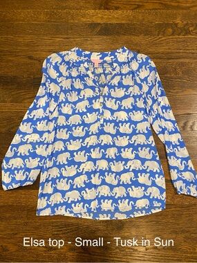 Lilly Pulitzer Elsa Silk Top in Tusk in Sun blue/white elephant print SMALL